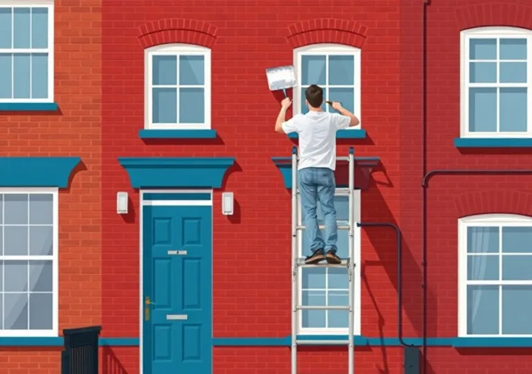 Peintre sur échafaudage traitant la façade d'une maison